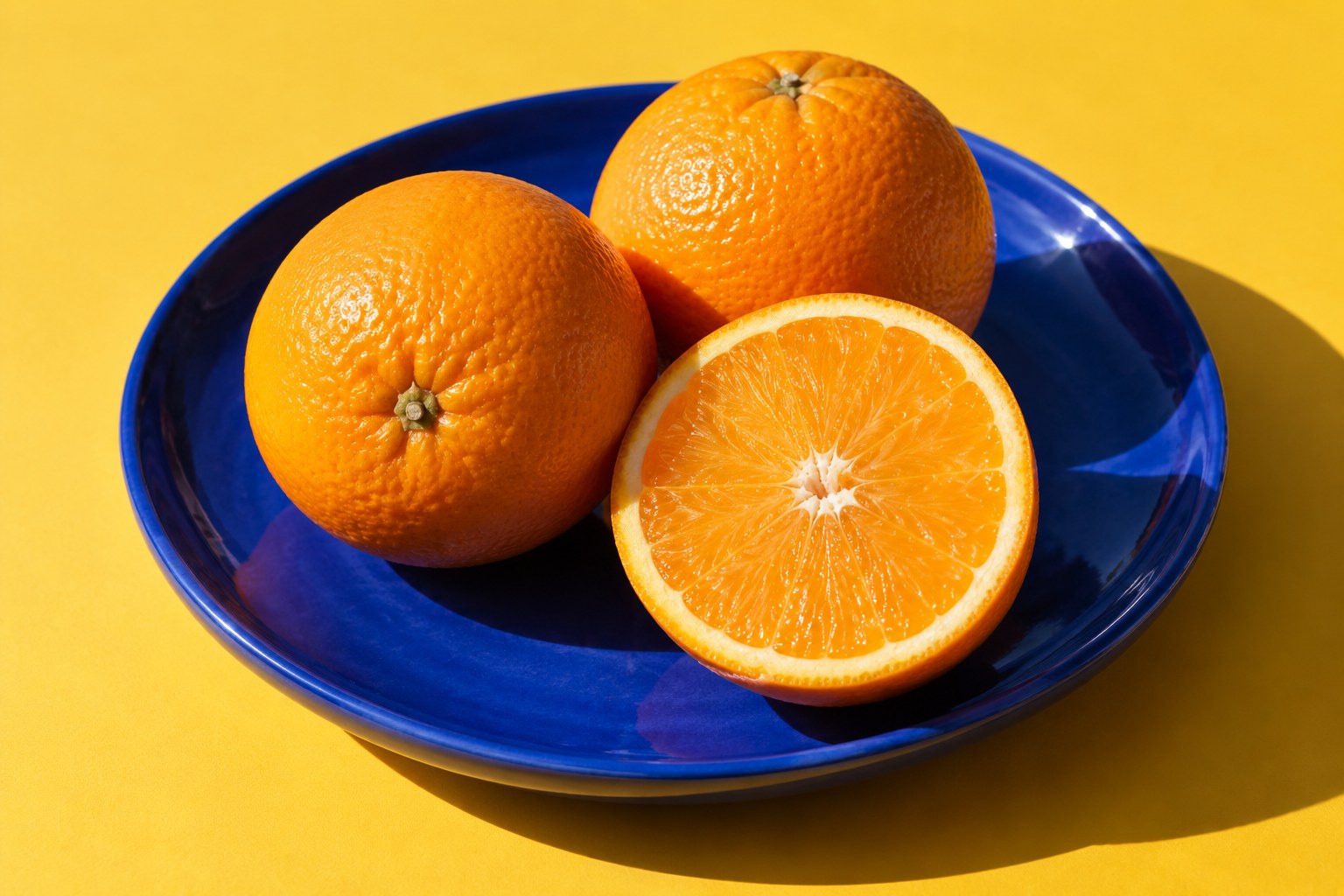 Fresh oranges, one cut in half, on a cobalt ceramic plate against marigold yellow