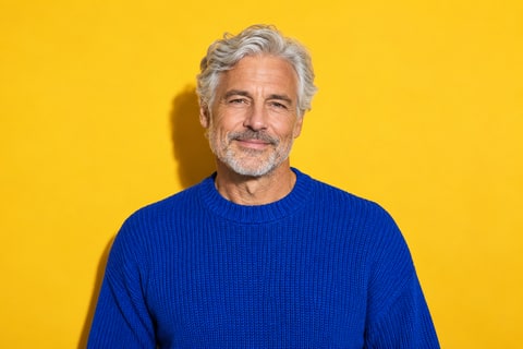 A silver-haired man in a cobalt knit against yellow
