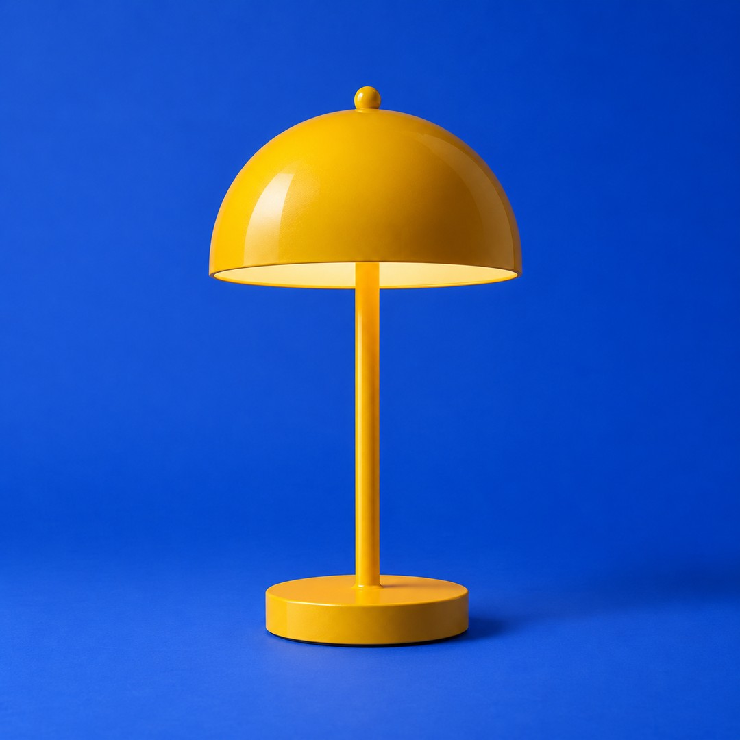 A marigold metal lamp on a cobalt blue background