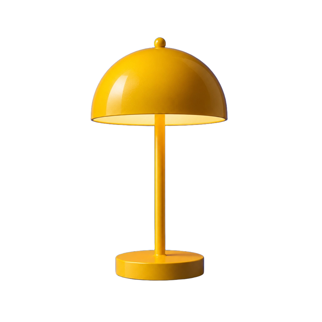 Cutout from a photo of a marigold metal lamp on a cobalt blue background