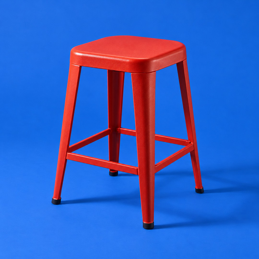 A vermilion metal stool against a cobalt blue backdrop