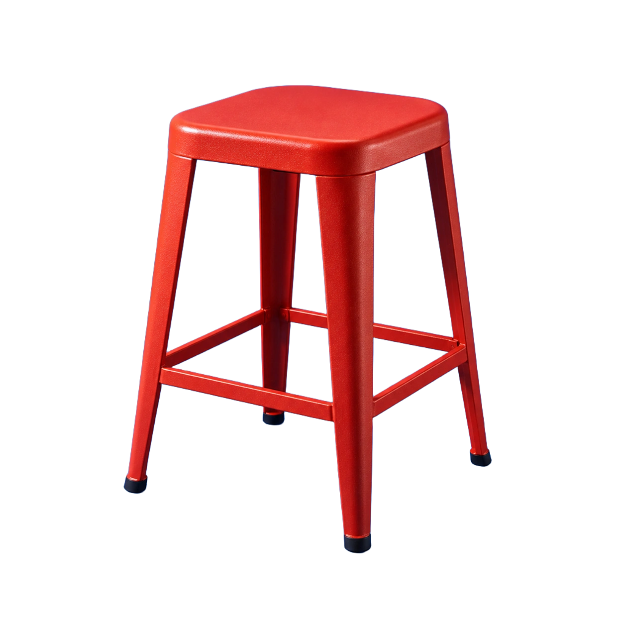 Cutout from a photo of a vermilion metal stool against a cobalt blue backdrop