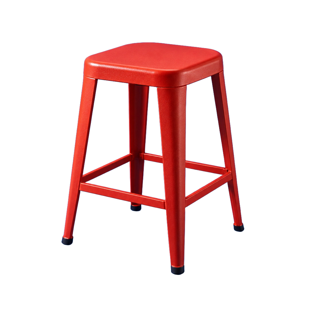 Cutout from a photo of a vermilion metal stool against a cobalt blue backdrop