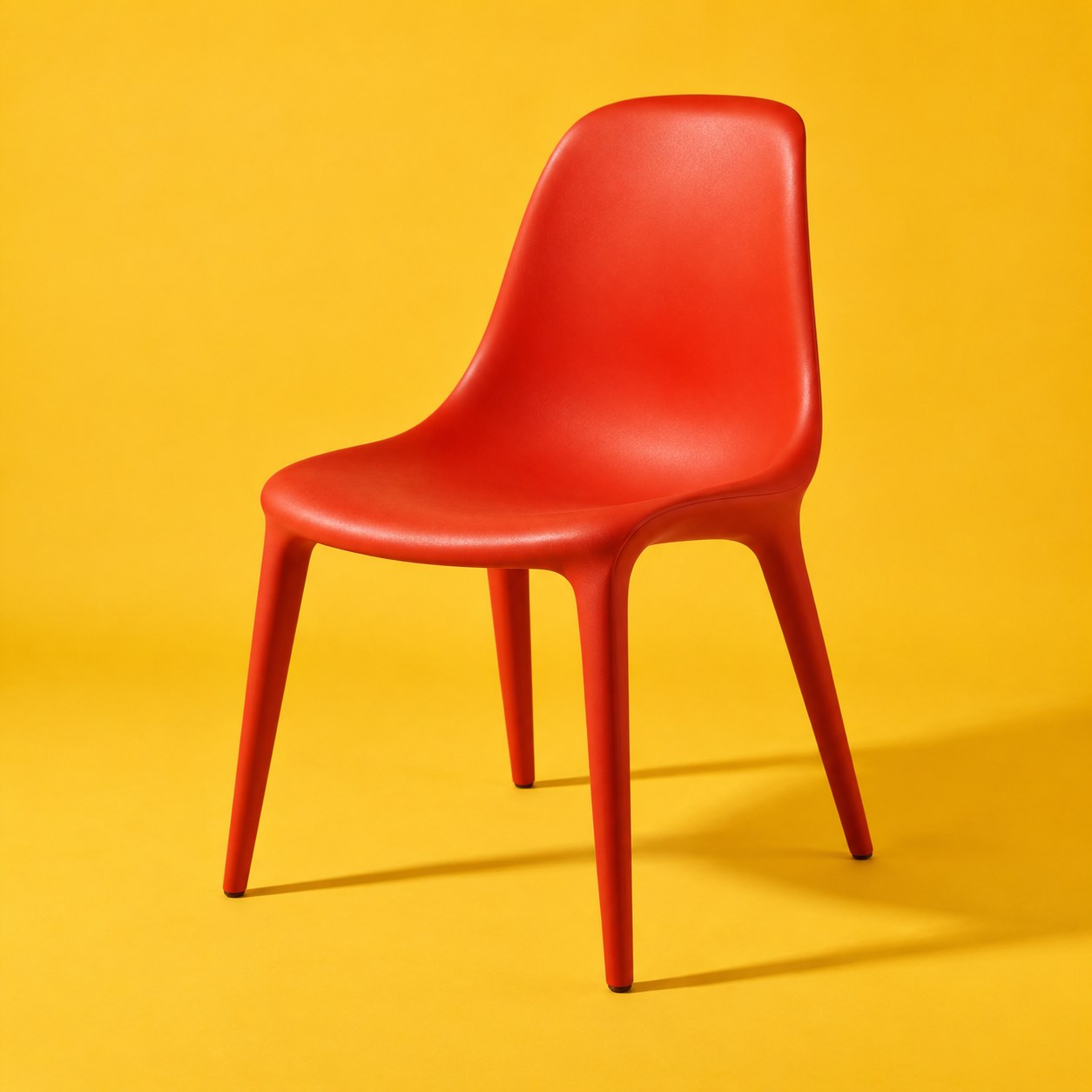 A sculptural vermilion chair against marigold yellow