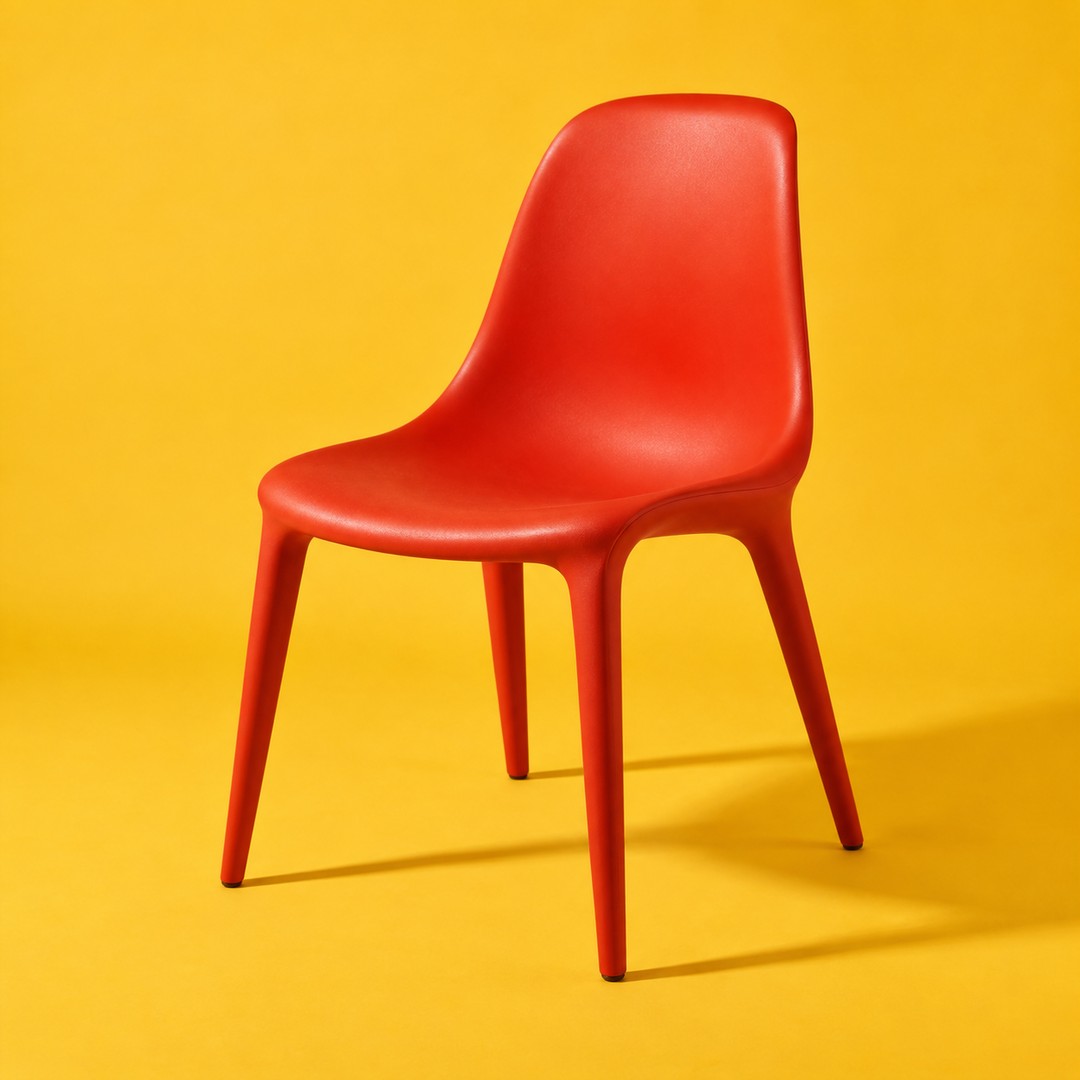 A sculptural vermilion chair against marigold yellow