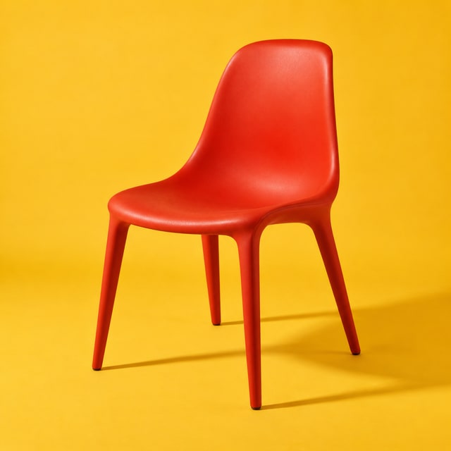 A sculptural vermilion chair against marigold yellow