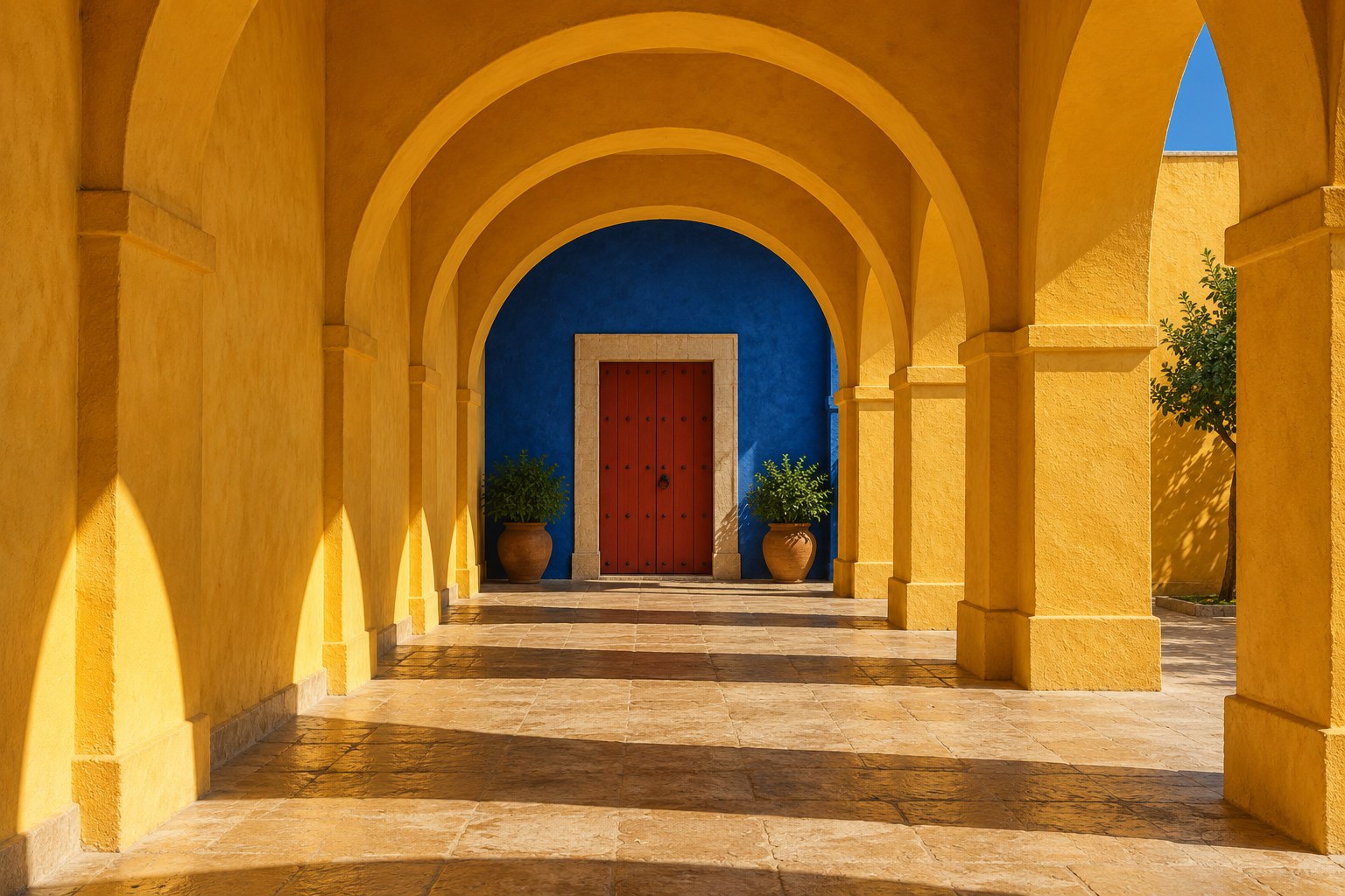 A sunlit marigold arcade ending in a cobalt wall