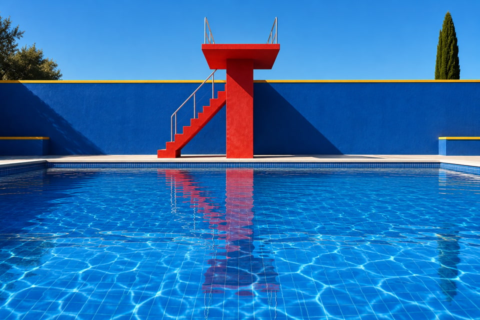An architectural blue pool with a vermilion diving platform