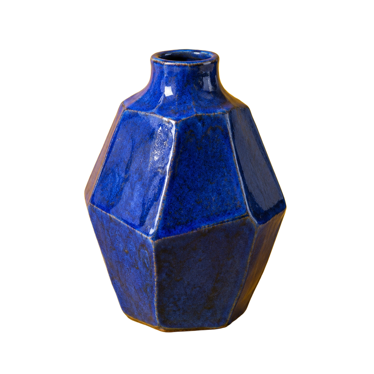 Cutout from a photo of an angular cobalt ceramic vase against marigold yellow