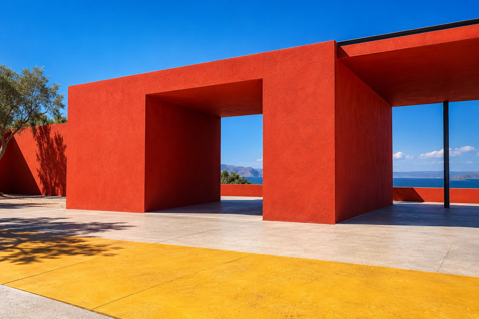 A vermilion modernist pavilion against a vivid blue sky