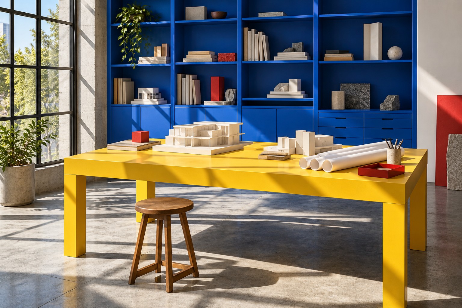 A bright workshop with cobalt shelving and a marigold table