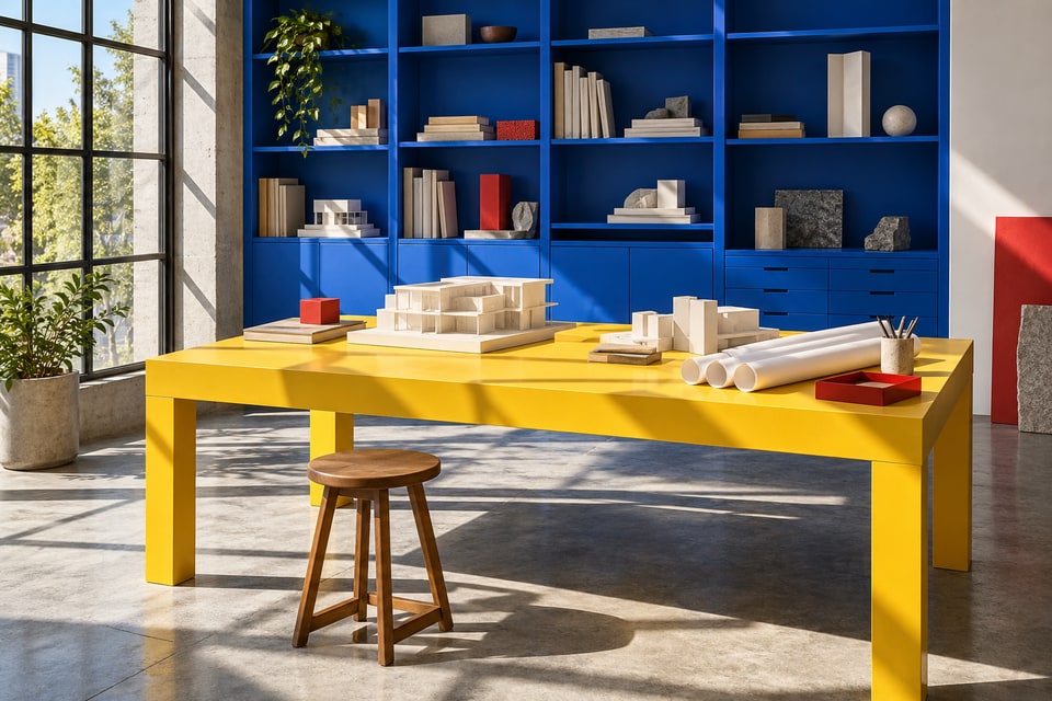 A bright workshop with cobalt shelving and a marigold table