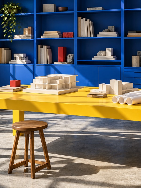 Portrait crop of a bright workshop with cobalt shelving and a marigold table