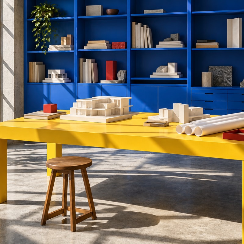 Square crop of a bright workshop with cobalt shelving and a marigold table