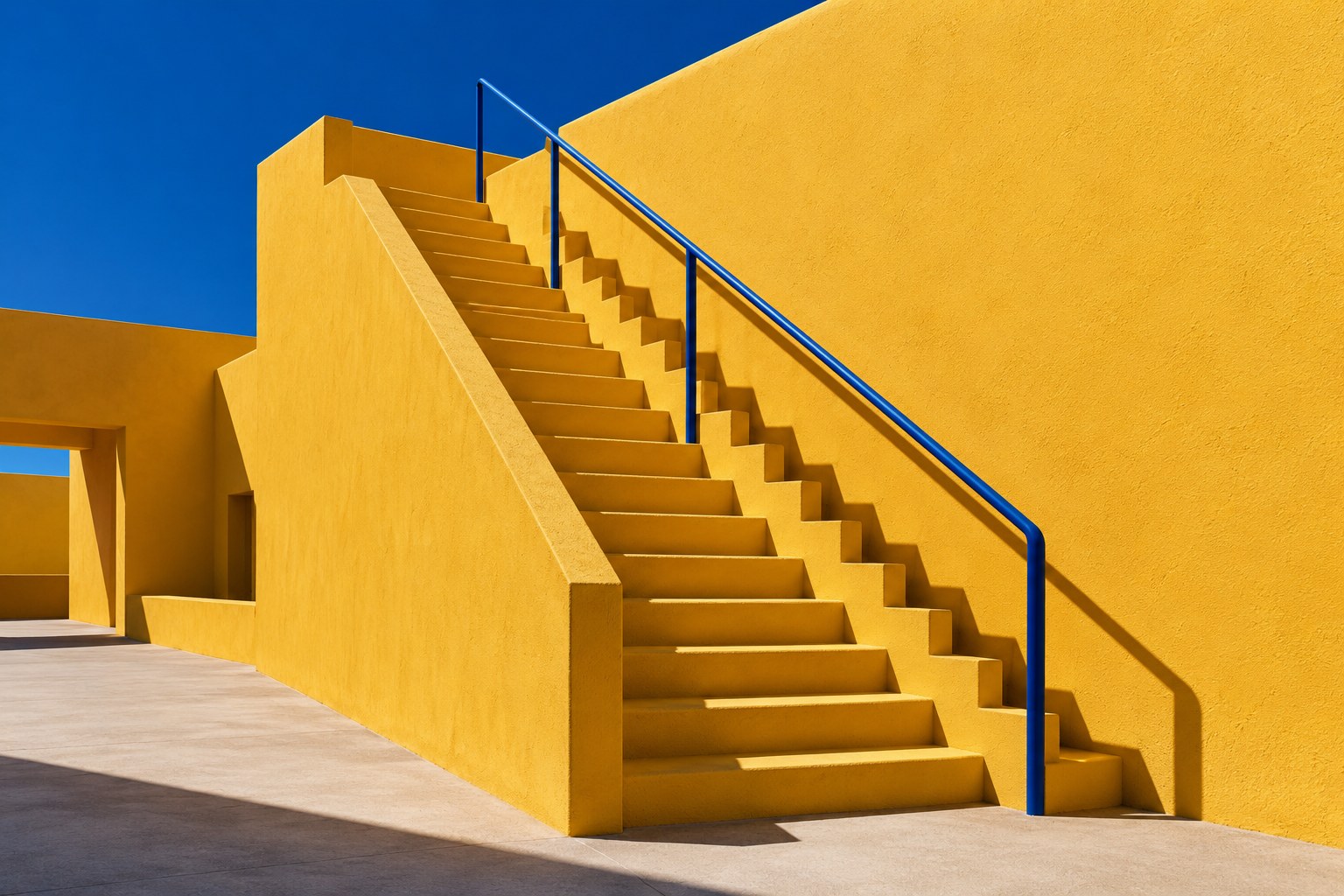 Sunlit marigold stairs with a cobalt handrail beneath blue sky