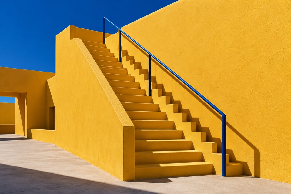 Sunlit marigold stairs with a cobalt handrail beneath blue sky