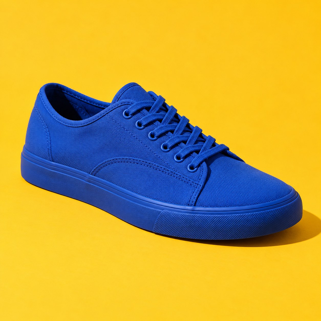 A cobalt blue sneaker on a golden yellow background