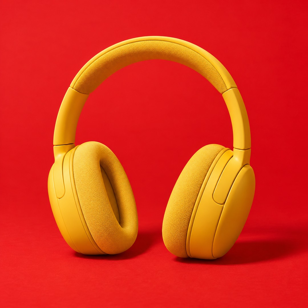 Marigold headphones against a vermilion backdrop