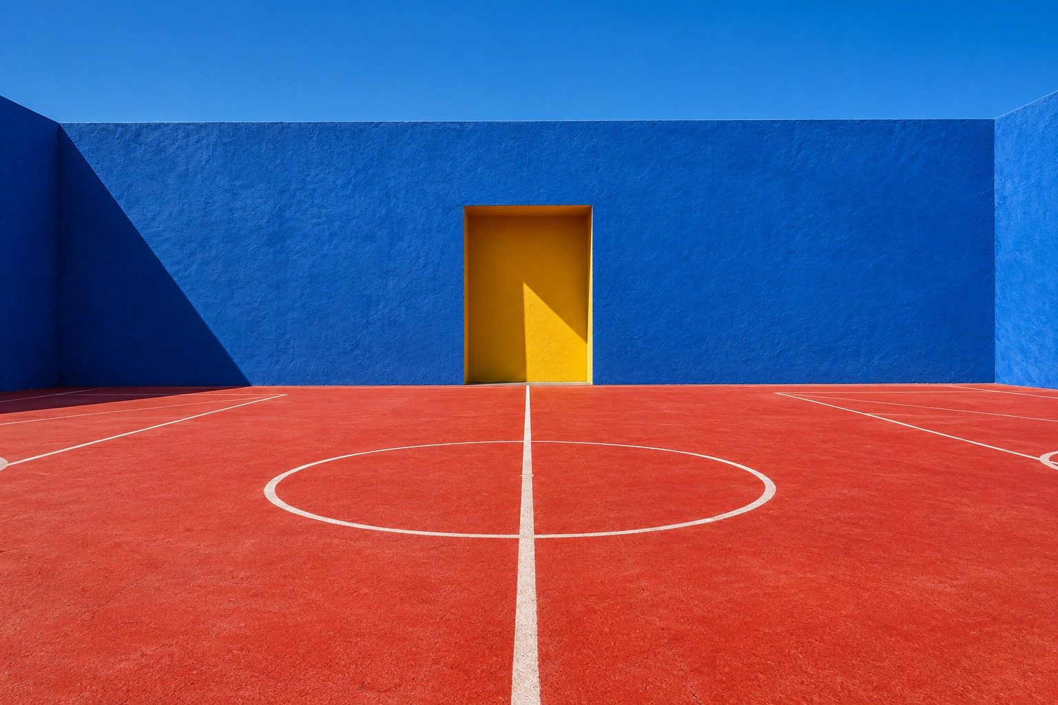 A vermilion sports court beside a cobalt wall and marigold doorway
