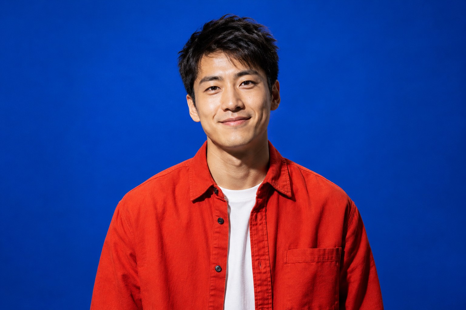 A man wearing a vermilion overshirt against cobalt blue