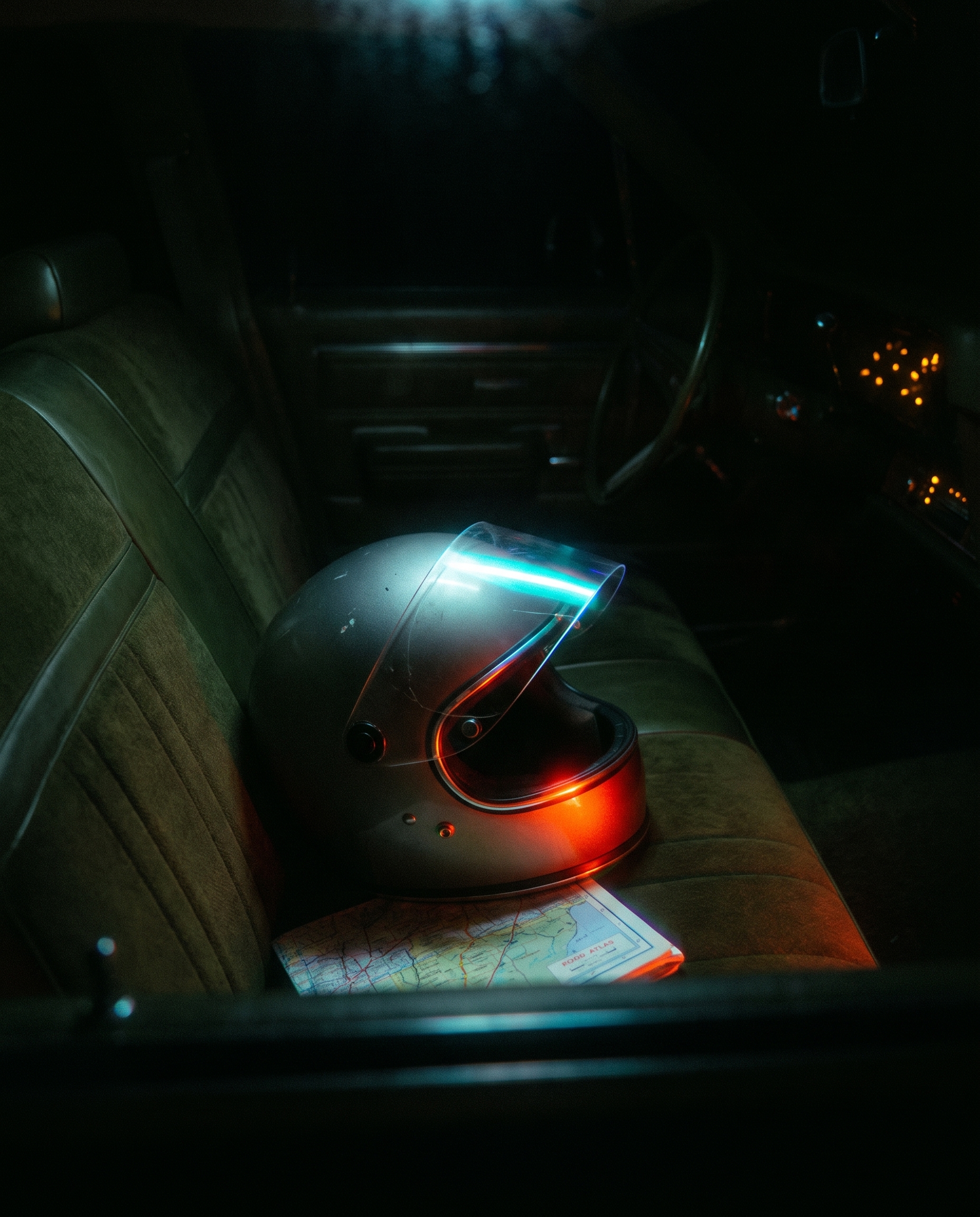 A vintage motorcycle helmet glowing with self-emitted cyan and orange light on the bench seat of a dark station wagon, seen through a fogged window.