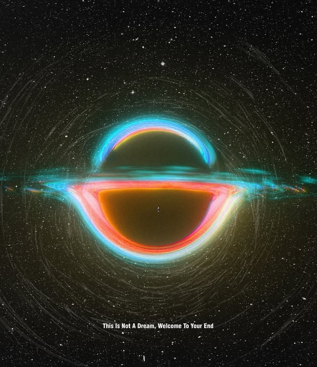 A black hole poster: a dark sphere ringed by a glowing accretion disk, electric cyan on the upper arc and fiery orange-red below, against a near-black starfield.