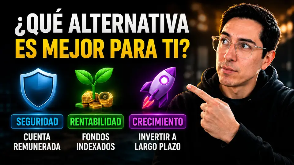 Comparativa de alternativas: cuenta remunerada para seguridad, fondos indexados para rentabilidad, invertir a largo plazo para crecimiento