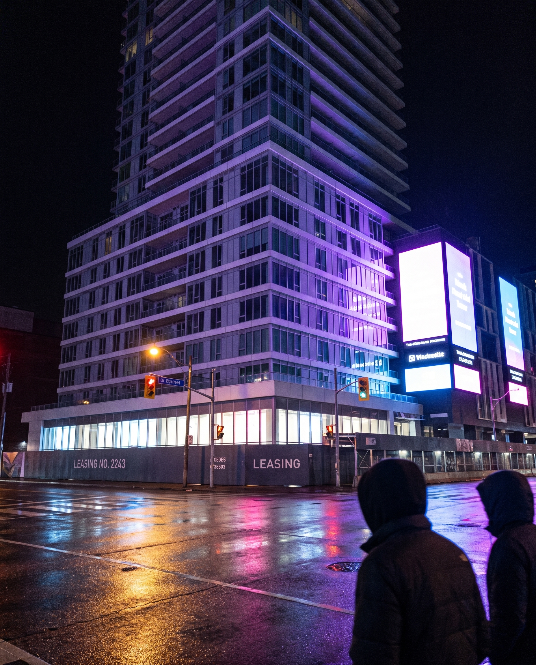 A high-rise washed in violet light above a wet intersection, made by Muse.