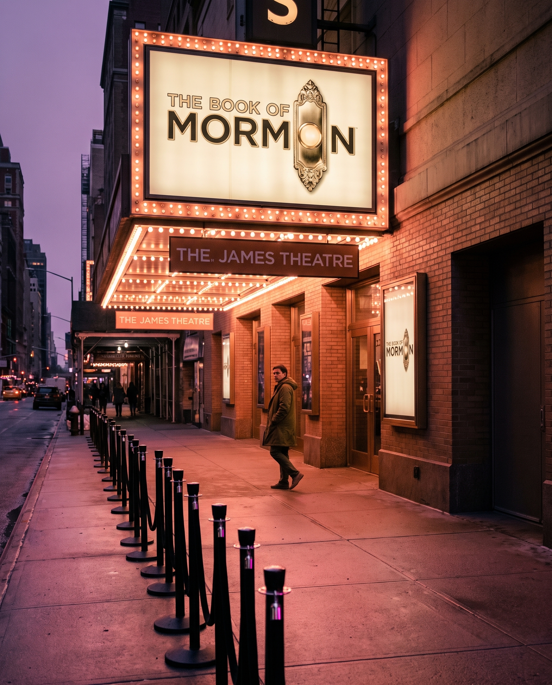 A theater marquee glowing at dusk over an empty sidewalk, made by Muse.