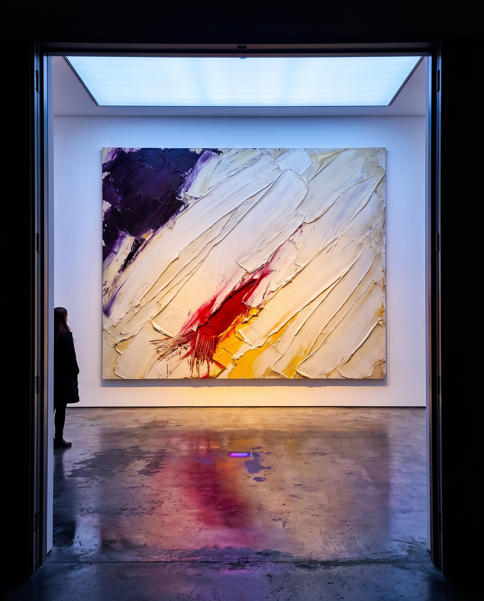 A large impasto painting in a bright gallery, one visitor watching, made by Muse.