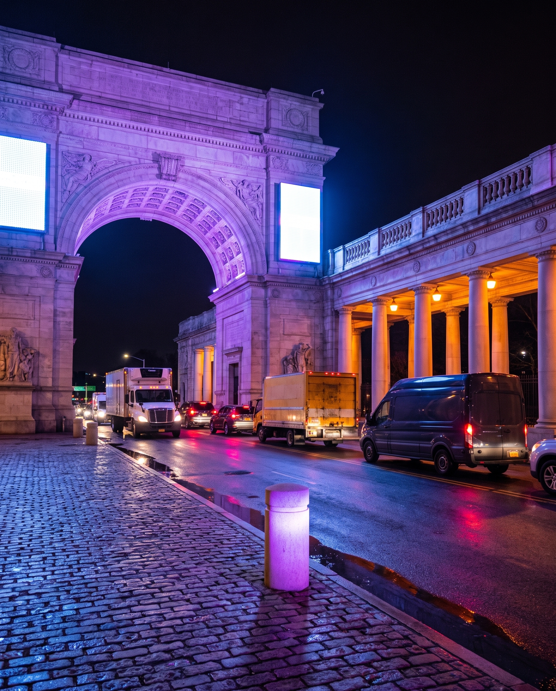 A stone arch and colonnade in violet night light, made by Muse.