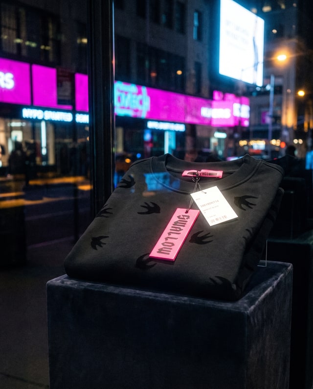 A folded black shirt in a shop window against pink and blue city lights, made by Muse.
