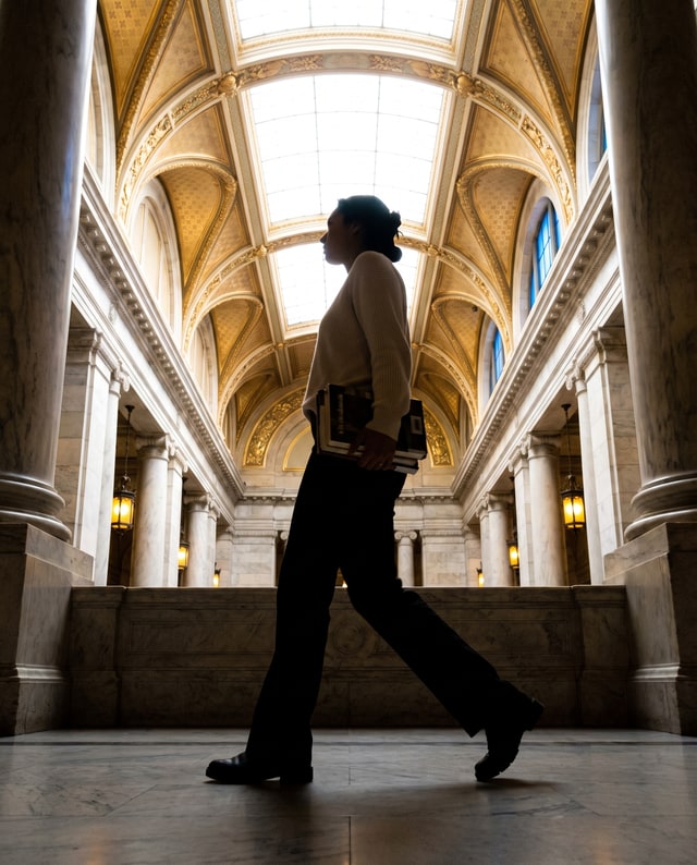 A woman carrying books through a grand hall beneath a gilded glass ceiling, made by Muse.