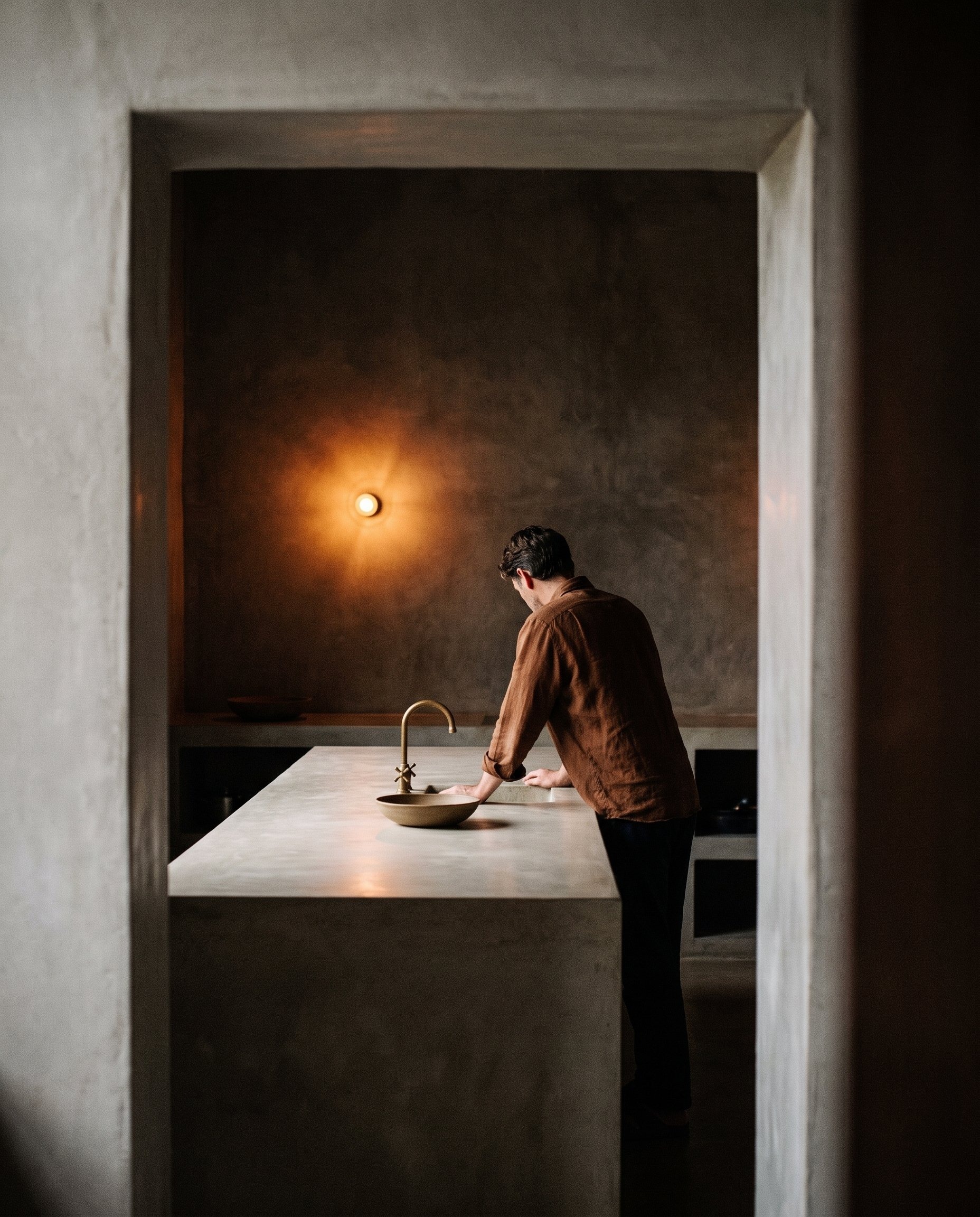 A man stands at a stone washbasin in a quiet, warmly lit room.